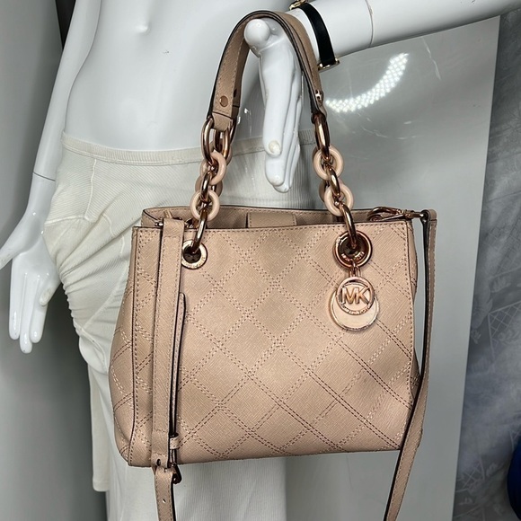 MICHAEL KORS Cynthia Small Saffiano Leather Beige Satchel Crossbody Shoulder Bag - Picture 1 of 16